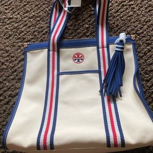 Tory Burch  Preppy Canvas Red & Navy Stripe bag